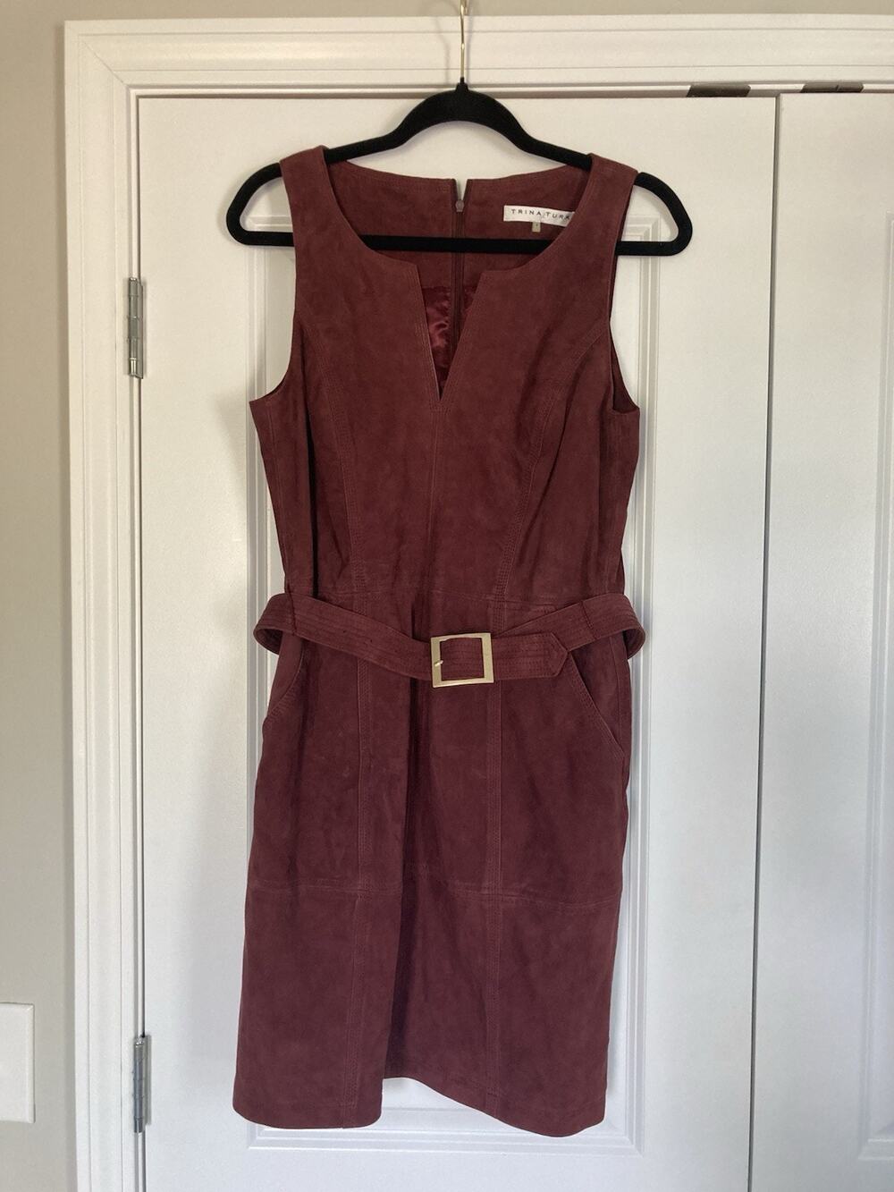 Trina Turk Sultana Belted Suede Mini Dress Brandy Wine Goat Leather Size 6